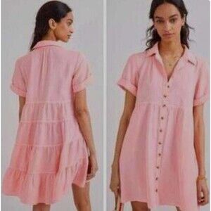 Anthropologie Pilcro Suzanne Peach Coral Pink Button-Up Shirt Dress Size Large